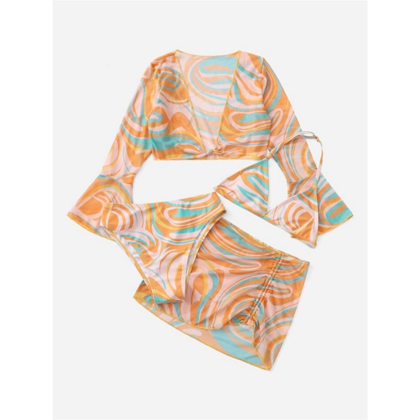 

Модный комплект купальников для девочек из 4 предметов, топ с принтом, короткие рукава, на шнуровке, купальник-накидка, купальный костюм 160 оранжевый