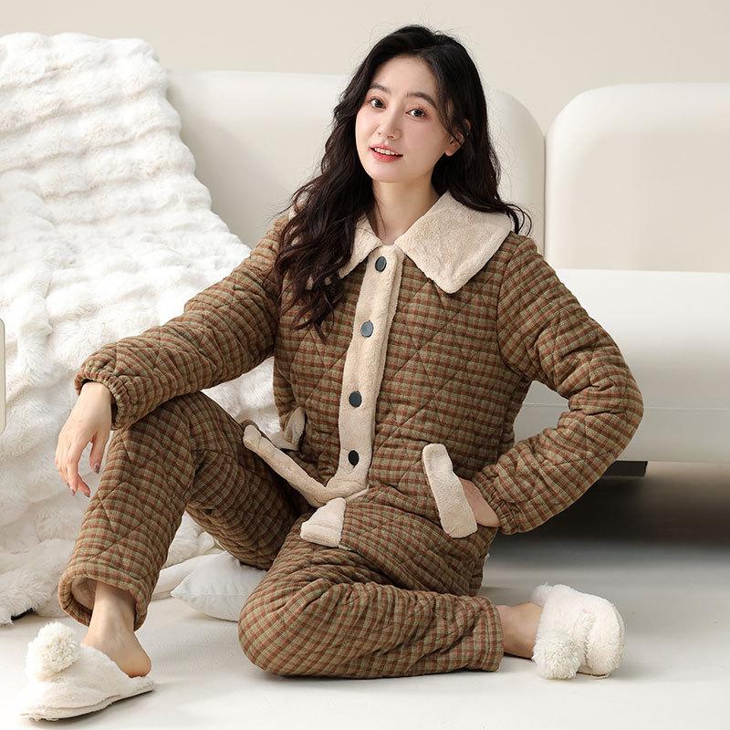 

Pajamas Women S Winter Three-Layer Thickened Fleece Woven Cotton Padded Autumn And Winter Coral Fleece Winter Super Thick Loungewear 2XL