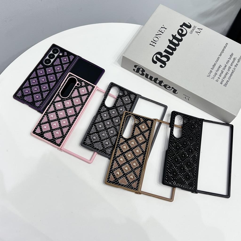 Shockproof Glitter Case For Samsung Galaxy Z Fold3 Fold4 Fold5 Fold6 Pearl Droplets & Diamond Grid & Military-Grade Drop Protection