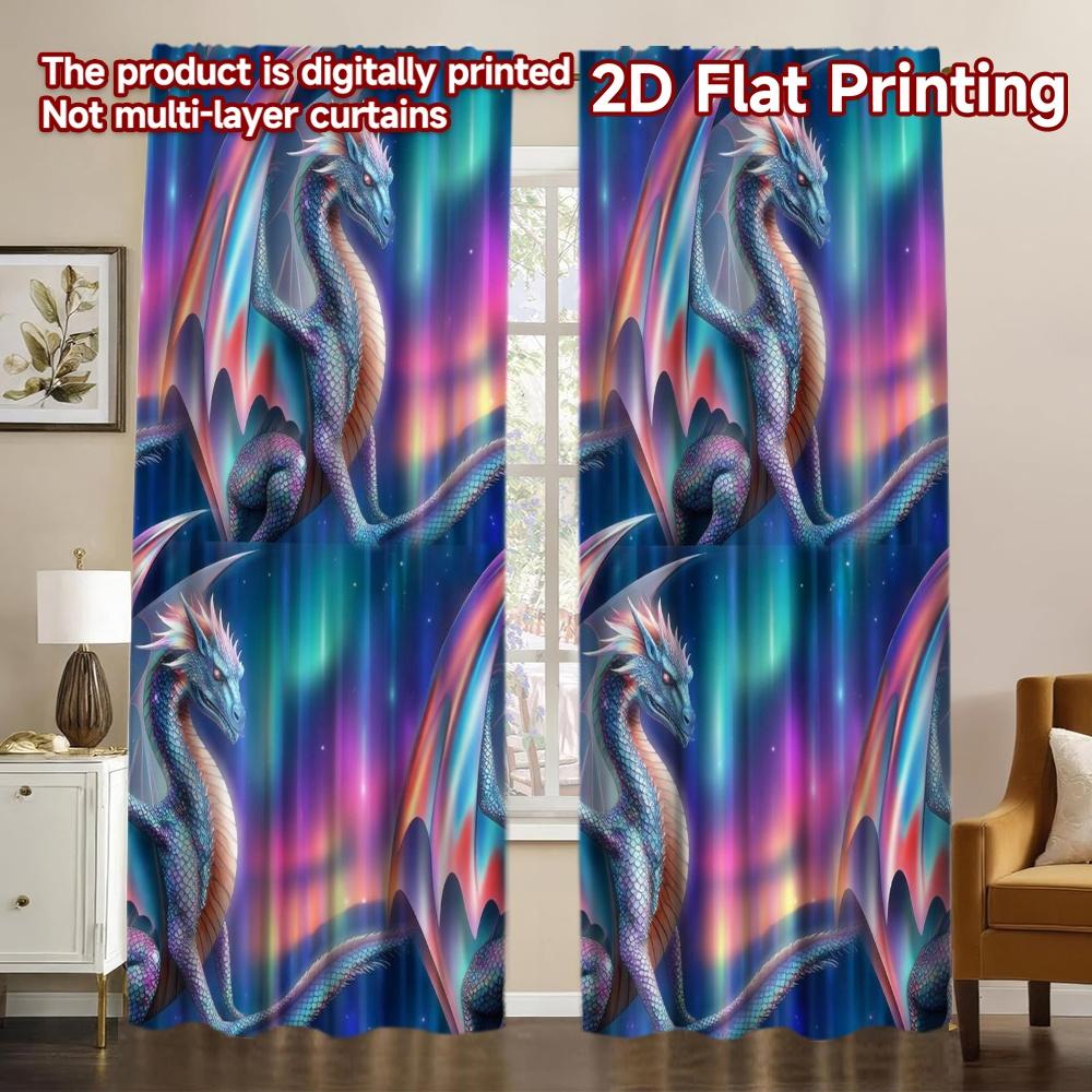 2D FLAT PRINTING 2pcs Curtains (Without Rod) Mythical Dragon Aurora Chic Pattern Curtains Prints Light Filtering Curtains Easter