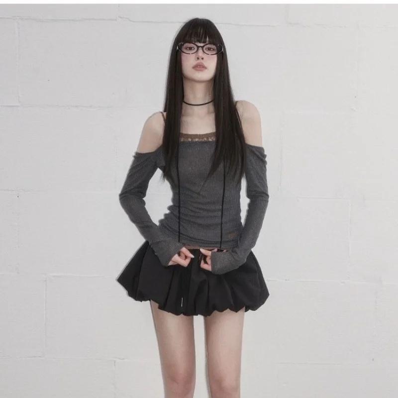 Long Sleeve New Style Lace Splicing Tight Sweet Spicy Pure Desire Big Neckline Vertical Pattern