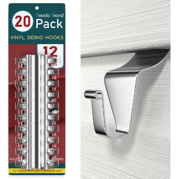 Vinyl Siding Hooks (20 PCS), Heavy-Duty Stainless Steel Siding Hooks Vinyl Siding Hangers, Low Profile & No Holes Needed Siding Clips for Hanging