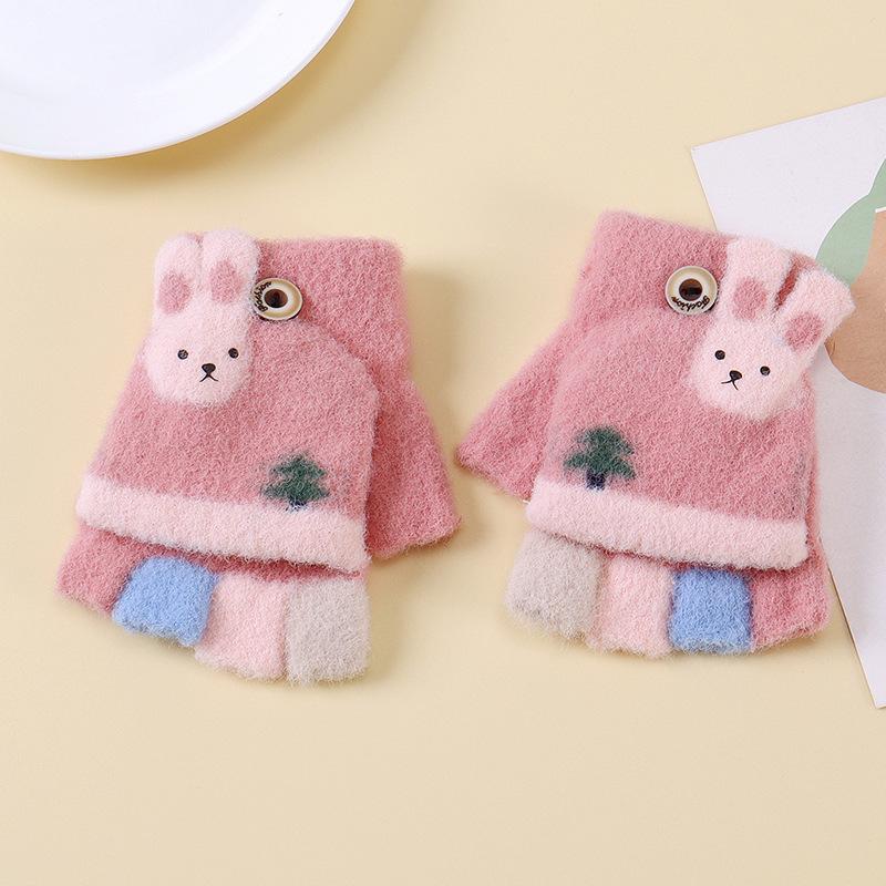 Children's Flip Half Finger Gloves In Autumn and Winter Baby Children's Warmth Plus Velvet Finger Writing Gloves Thick Knitted Gloves