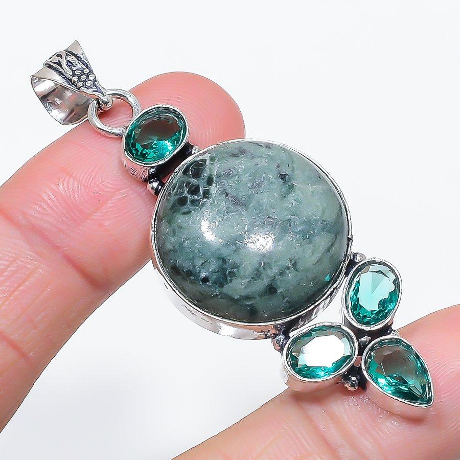 Natural Kambaba Jasper, Diopside 925 Sterling Silver Jewelry Pendant 2.48" C7C83