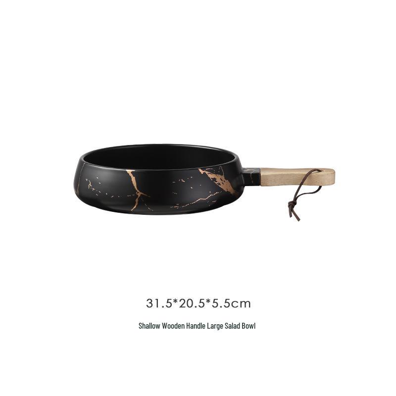 Nordische Minimalistische Keramikschüssel mit Marmormuster und Holzgriff