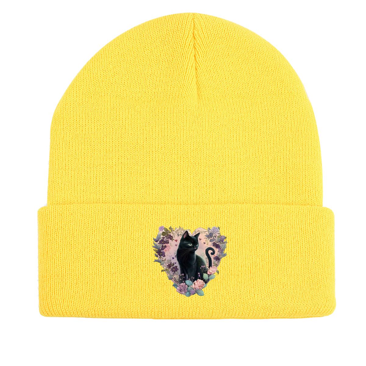 

Вязаная шапка с принтом в виде сердца и кошки, женская шапка-манжета, осенняя вязаная шапка-бини as the picture жёлтый