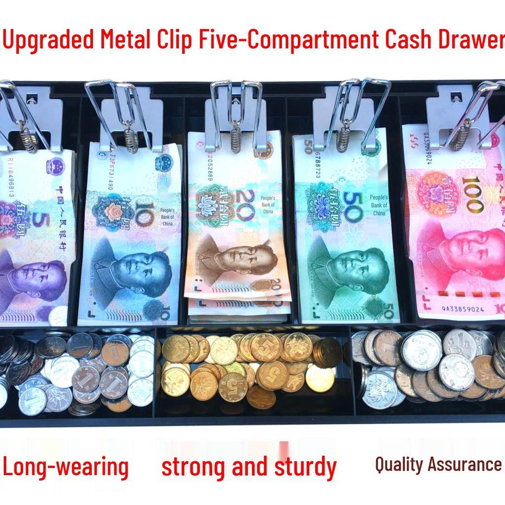 Cash Drawer with Five Compartments and Metal Clips