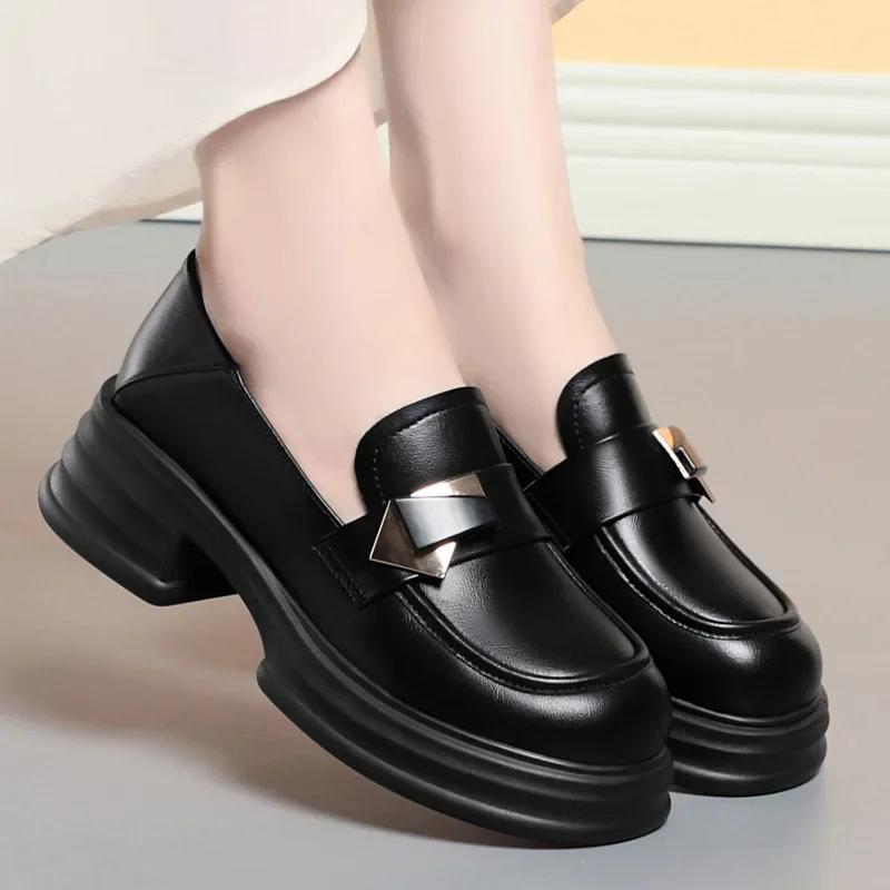5cm British Style Shallow Soft Leather Loafers Platform Pumps Spring 2025 Med Block Heels Shoes Thick Bottom for Office Mom