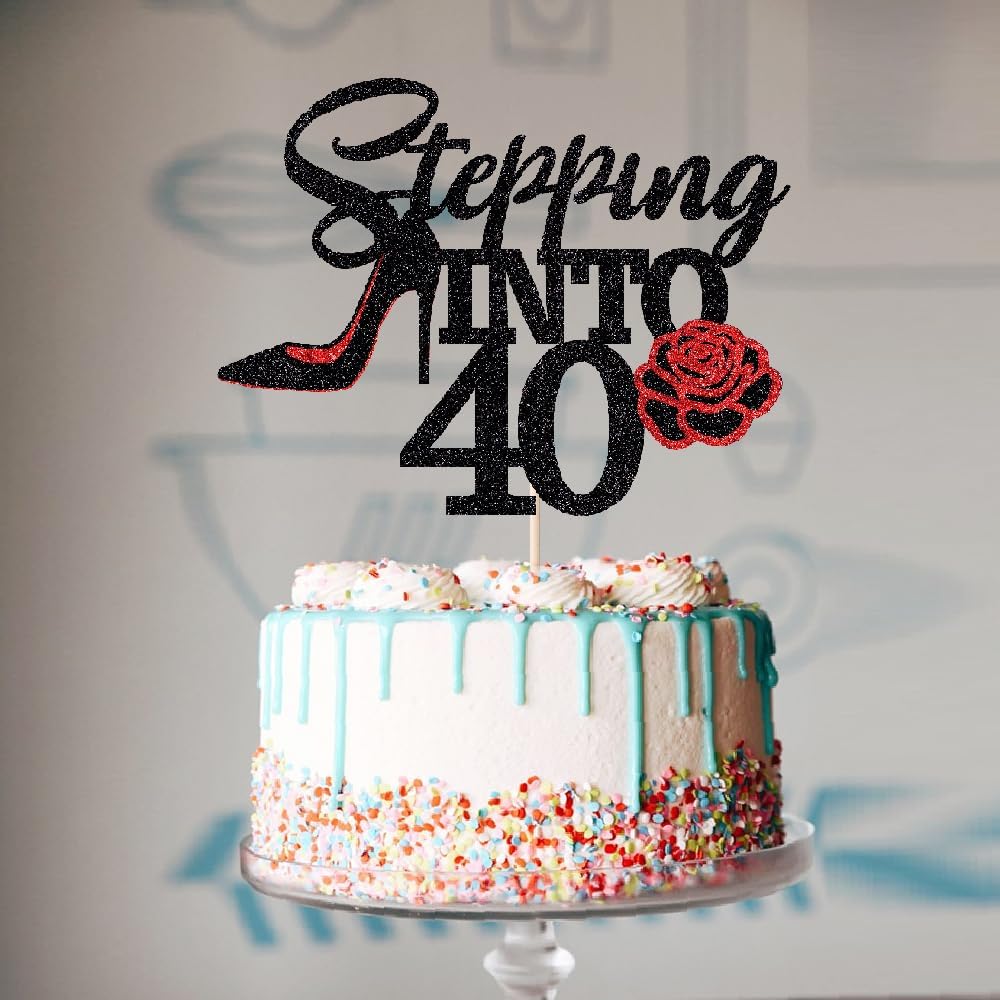 Stepping Into 40 Cake Topper,Still Fabulous at 40 Cake Decor,Funny Happy 40th Birthday Party Supplies,Highheel Rose Sign Cheers to 40 Years Black Red