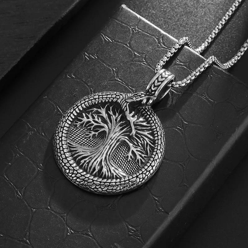 Retro Domineering Ouroboros Wrapped Around The Tree of Life Pendant Necklace Men's Personalized Punk Cool Casual Jewelry Gift