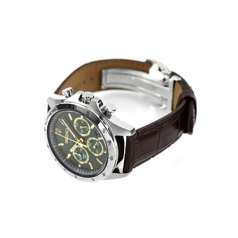 Seiko Japanische und koreanische trendige foto-kinetische Herrenuhr Drei-Augen-Chronograph Quarz-Lederarmband Herrenuhr grünes Zifferblatt SBTR017