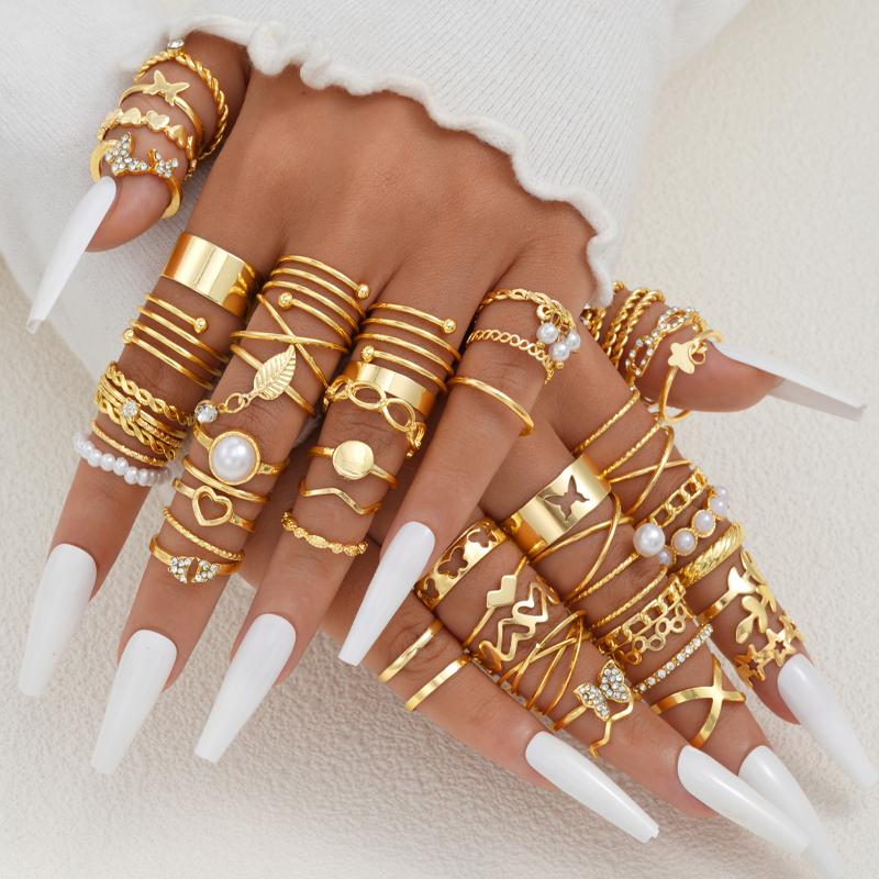 58PCS Vintage Heart Snake Butterfly Rings Set for Women Fashion Metal Gold Plated Geometric Hollow Finger Ring Jewelry Gifts New