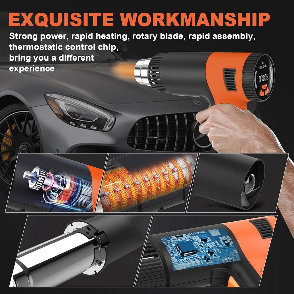 Heat Gun 2000W,6.56Ft UL Cord, Variable Temperature Control 122℉~1292℉, Fast Heat Hot Air Gun with 4 Nozzles, Overload Protection, for