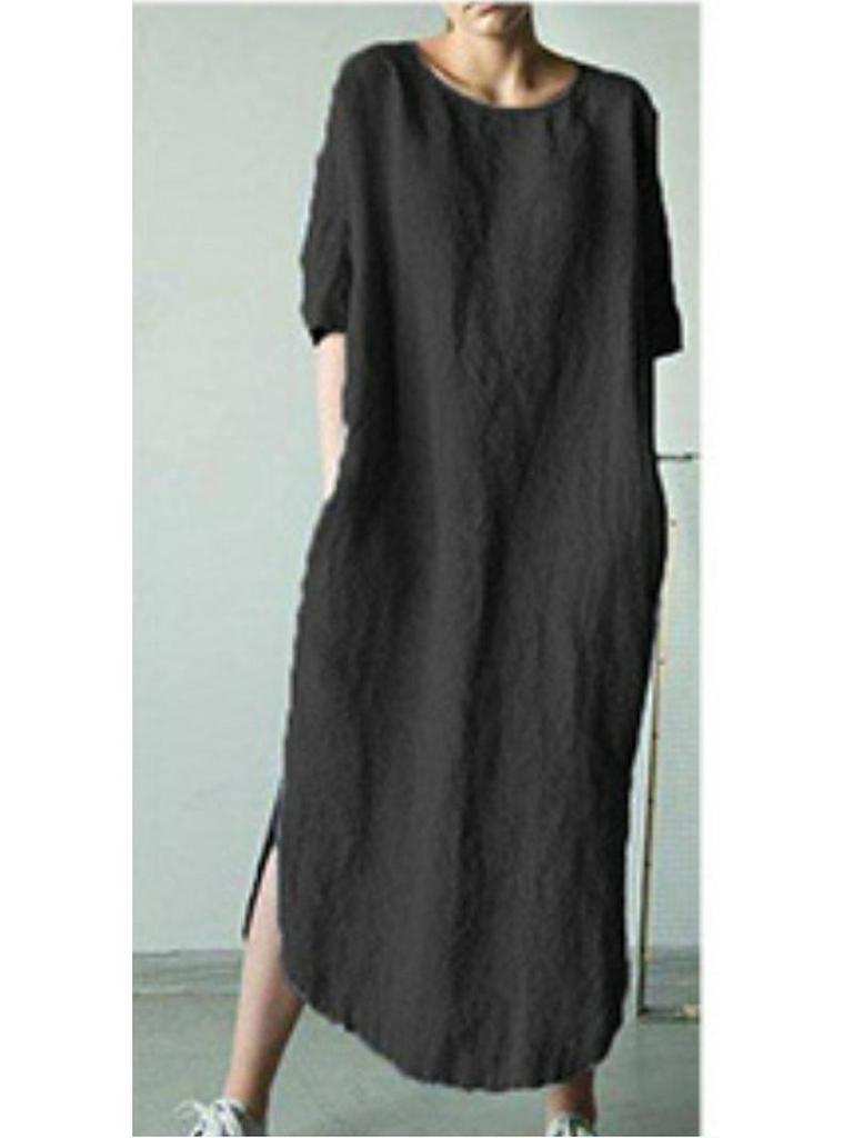 2024 Solid Color Crew Neck Side Slit Mid-Calf Dress with Short Sleeves