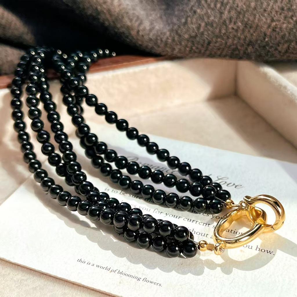 Retro High Quality Natural Black Agate Design Sense Multi-Layer Necklace Collarbone Chain Sweater Chain