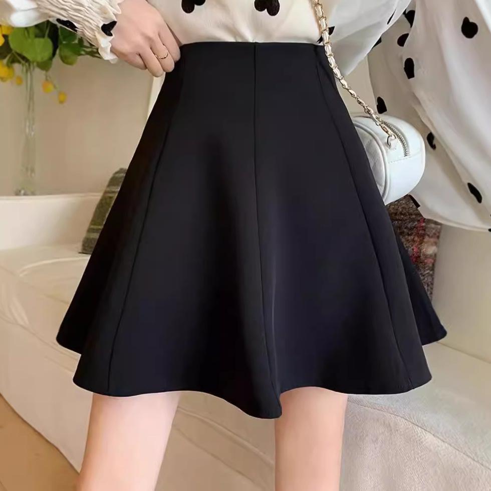 2024 Spring Black High Waist A-Line Skirt: Women's College Style, Slim, Anti-Exposure