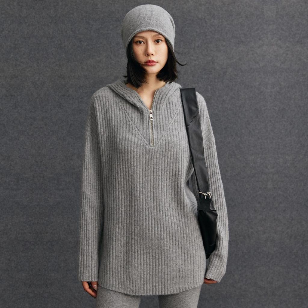 Women's Thickened Knit Cashmere Half-Zip Hoodie – Long Sleeve, Trendy Autumn/Winter Style