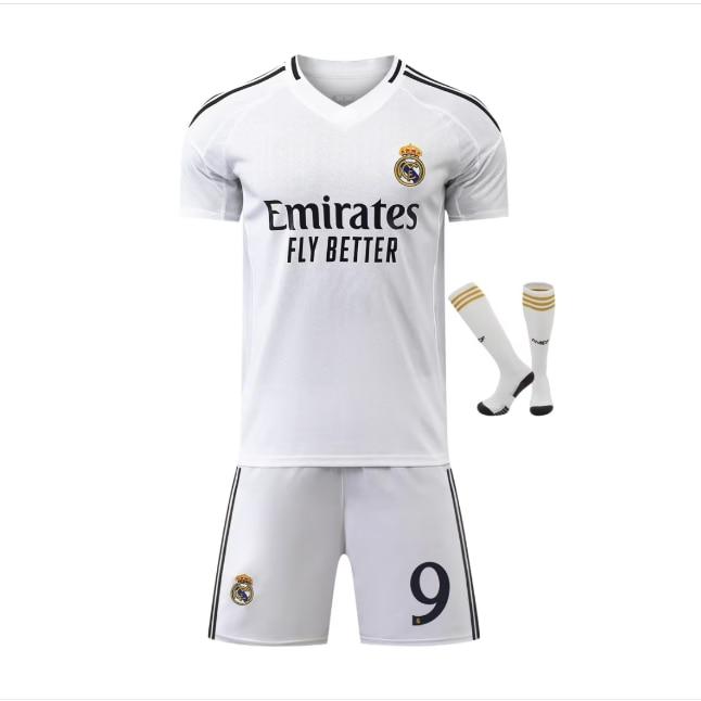 Real Madrid Mbappe No.9 Home Jersey Set 2024/25 Season White Polyester Fans Edition Adults Kids Breathable Quick-Dry