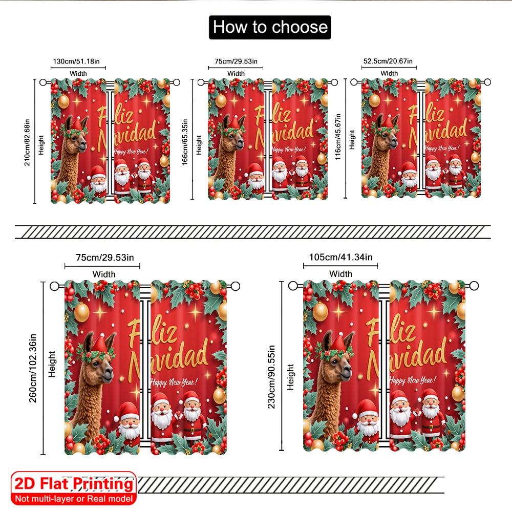 2pcs 2D Flat Printing Merry Christmas Scene Curtains Merry Christmas Llama Santa 100% Polyester Without Electricity Festive