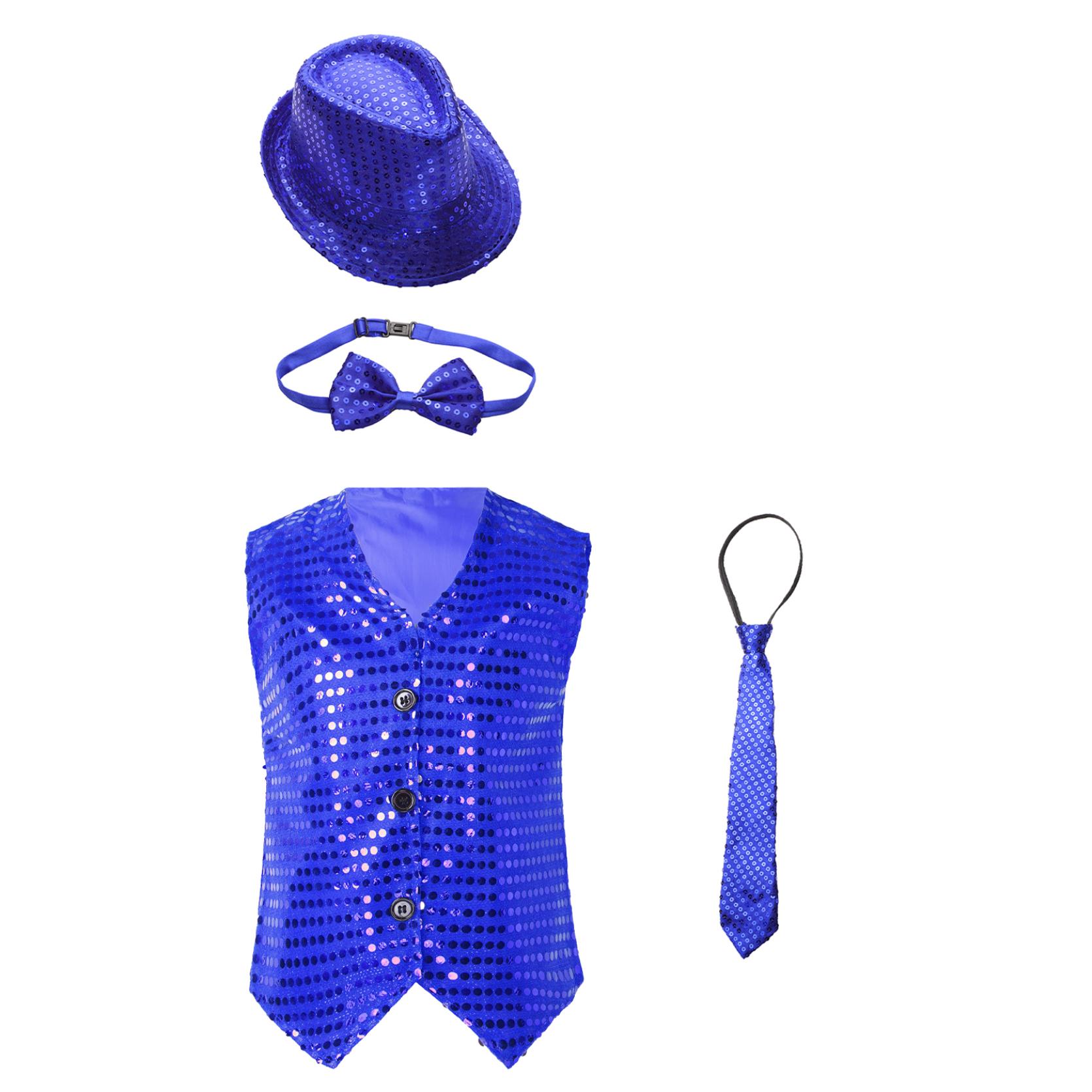 

Жилет без рукавів із V-подібним вирізом і ґудзиками для хлопчиків із блискучими паєтками з капелюхом і краваткою-метеликом для виступу на сцені Jazz Dance 7-8 Years