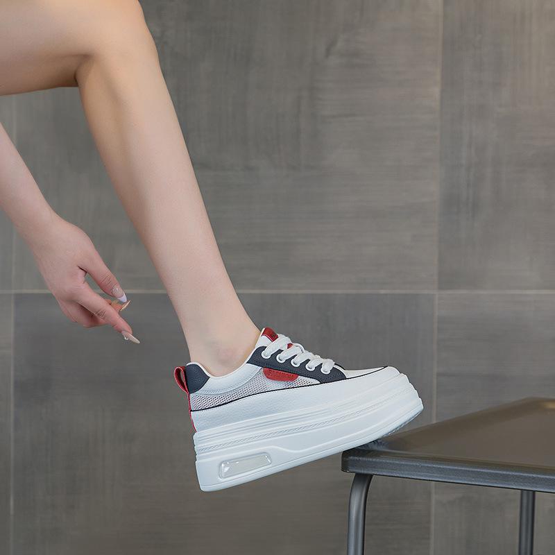8CM inner height-increasing board shoes women's 2025 summer new leather thick-soled mesh breathable white shoes small size casual shoes