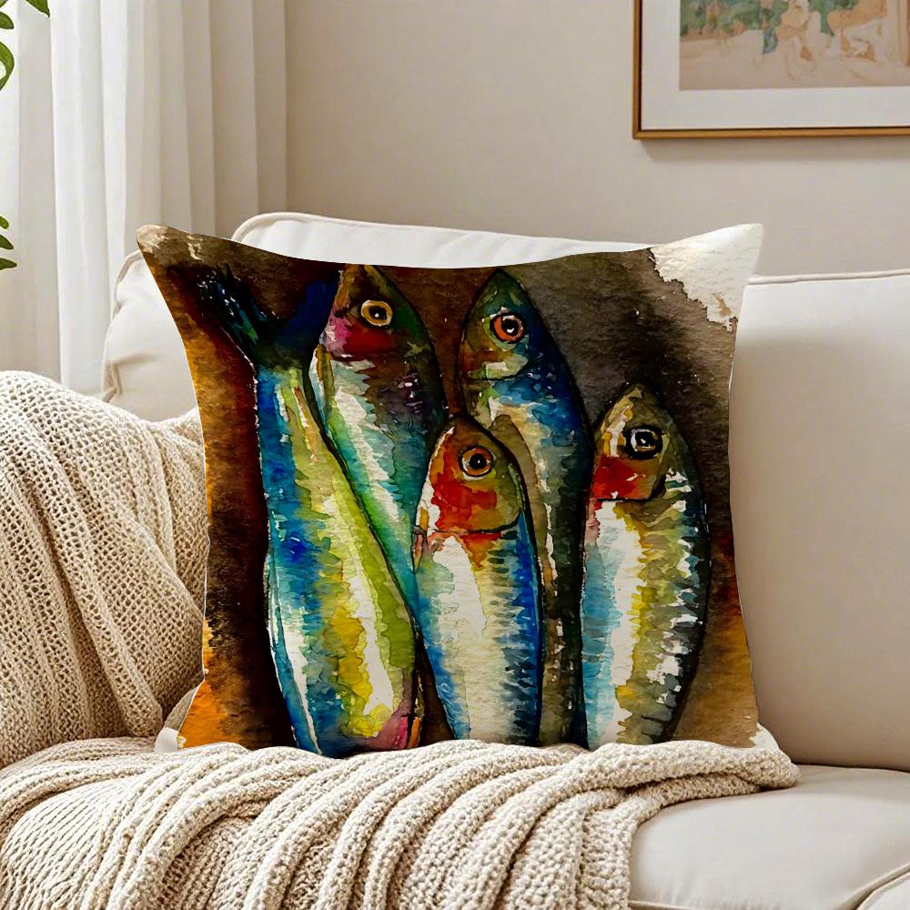 Colorful Sardine Lobster Pattern Art Cushion Cover Linen Pillowcase Soft  for Sofa Bed Home Room Decor