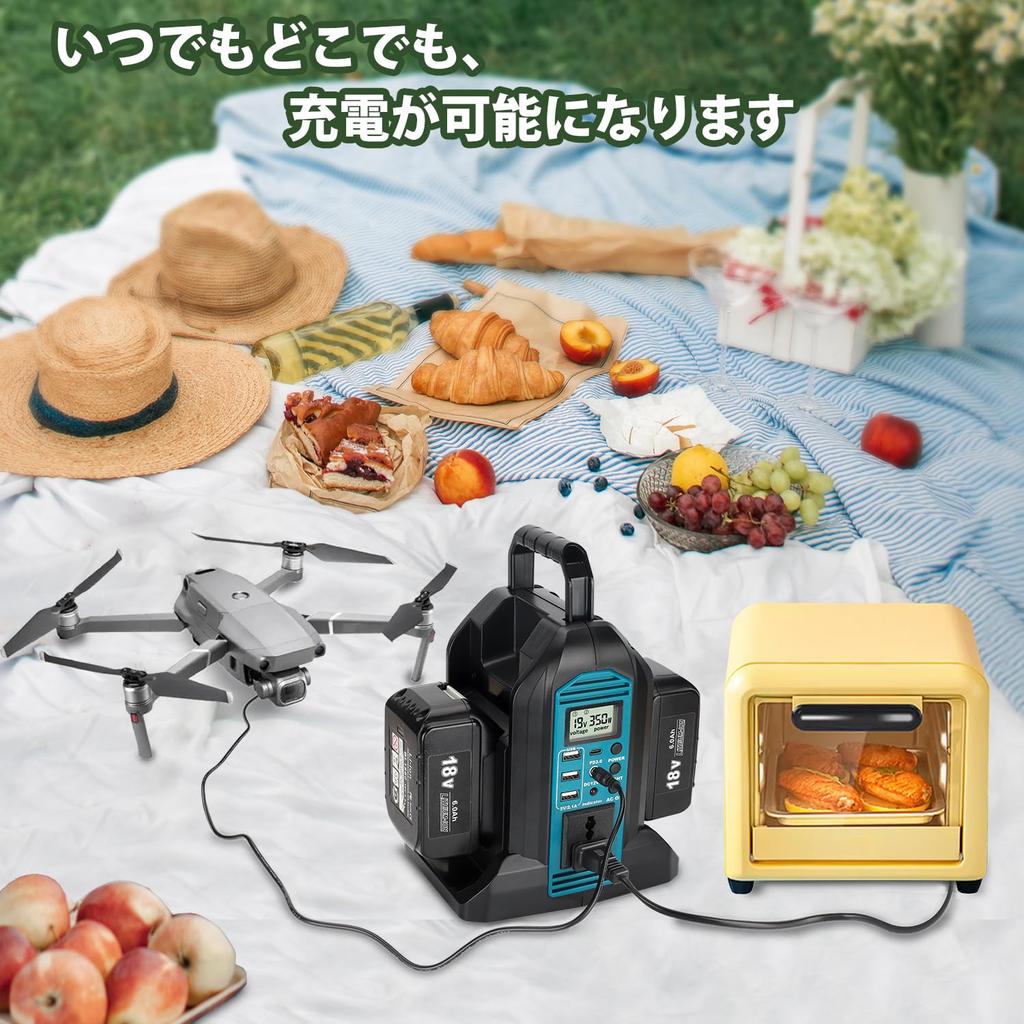 WaxPar 2-gang Inverter, Compatible with Makita 18V Ion , AC350W/DC/3-USB/1-type-c Output/LED Light, Portable