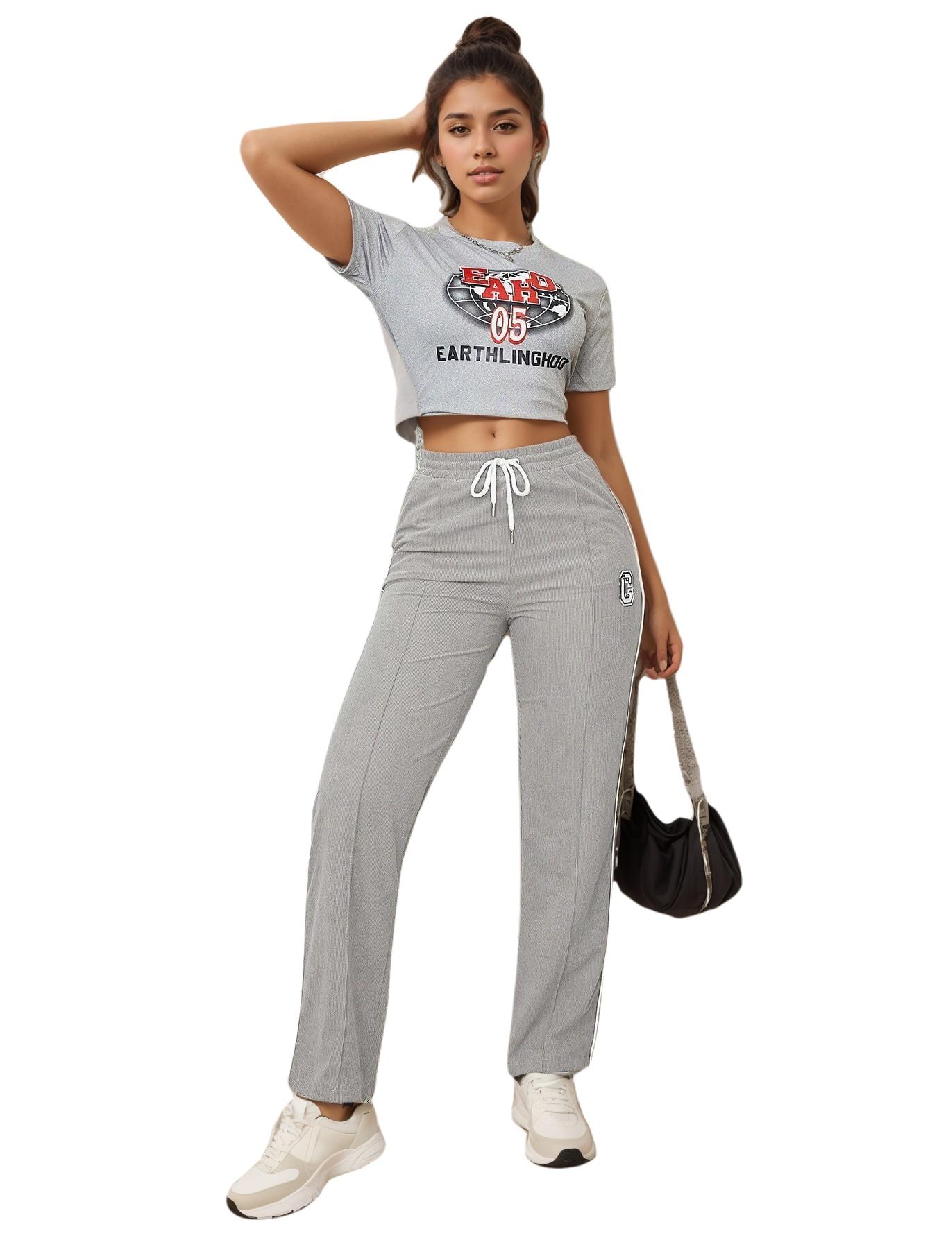 

Брюки прямого покроя с заплатками и завязками на талии Rose Beauty, удобные женские свободные повседневные однотонные спортивные брюки XL светло-серый