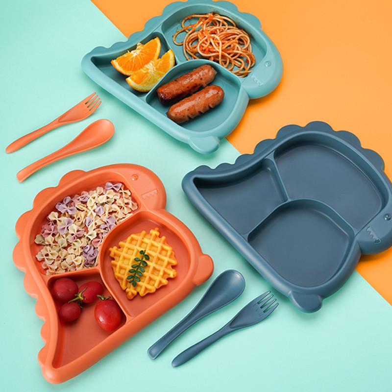 Cartoon Dinosaur Three Compartments Dinner Plate Spoon Fork Bowl Cutlery Set For Kids