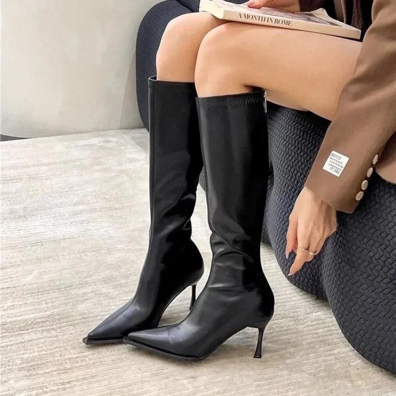 Fashion 2024 New Winter Women's Pointed Toe High Stiletto Heel Pleated Knee High Boots Women's Mid-Leg Comfortable Zapatos De Mujer