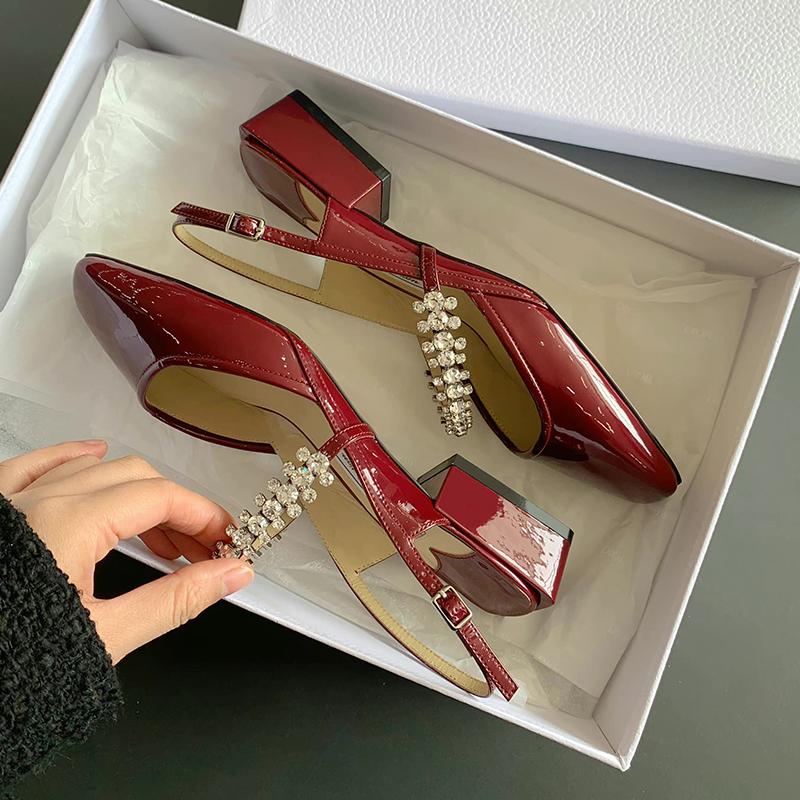 Women's Fashion Rhinestone Sandals 2024 Summer New Mary Jane Thick Heel Square Toe Crystal Ladies Elegance Trend High Heels