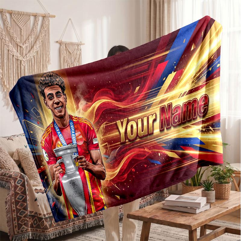 Coperta in pile personalizzata Lamine Yamal con logo del calcio, testo con nome personalizzato, morbida, calda, coperta da divano per la casa