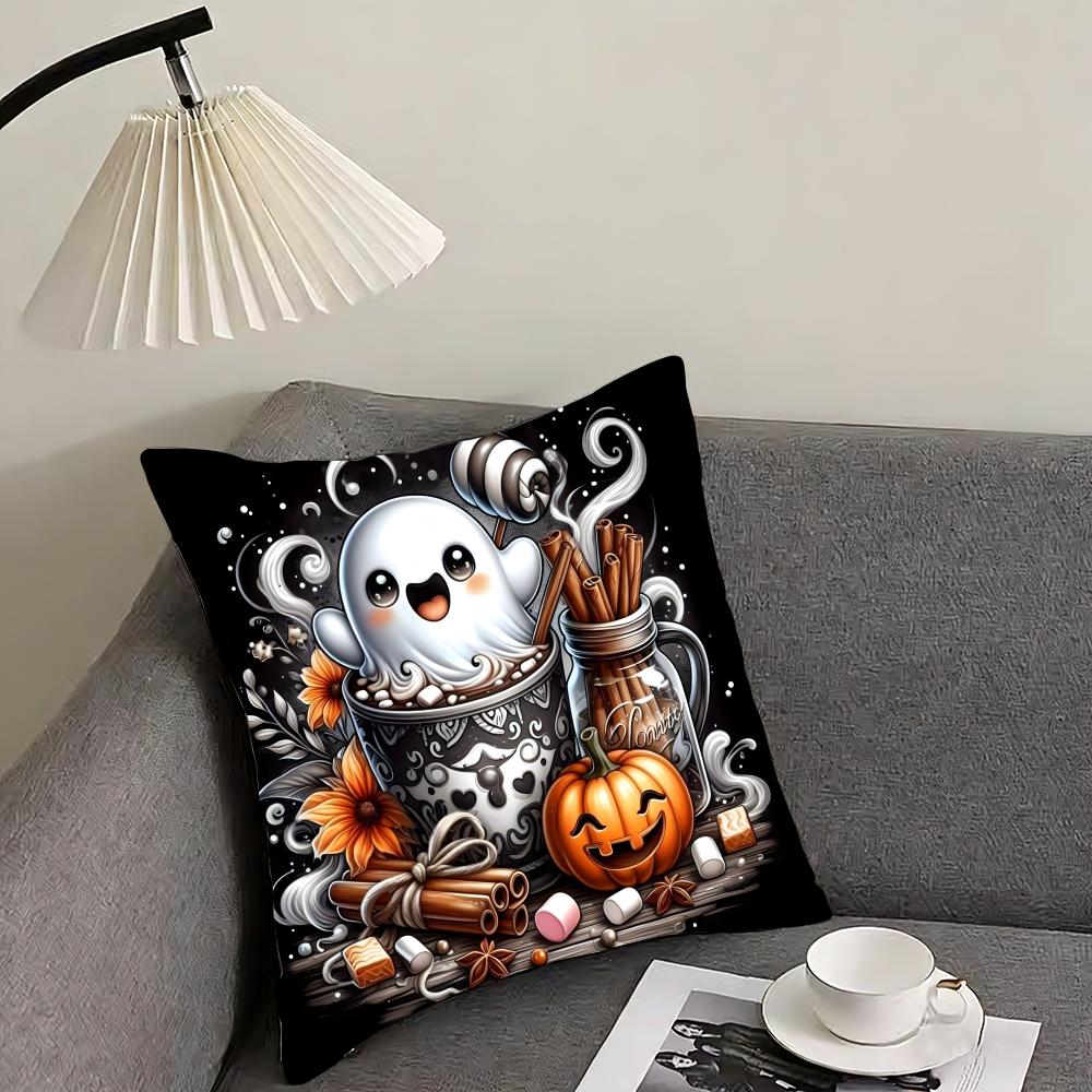 Cute Ghost with Pumpkin Cushion Cover Reversible Plush Pillow Cover – For car, sofa, bedroom, perfect as a gift.