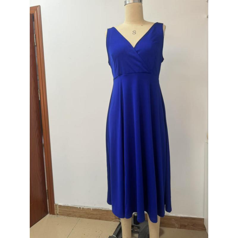 Women's Sleeveless V Neck Wrap Midi Dress Elegant A-Line Solid Color Summer Evening Party Cocktail Gown Wedding Guest Casual Formal Dress
