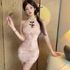 Retro-style Printing Hollow-out Sexy Cheongsam Neck Dress Temperament Young Slim-fitting Backless Hip-wrapped Short Skirt