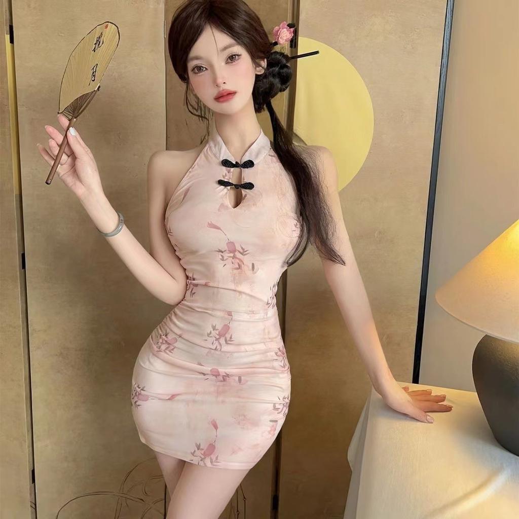 Retro-style Printing Hollow-out Sexy Cheongsam Neck Dress Temperament Young Slim-fitting Backless Hip-wrapped Short Skirt