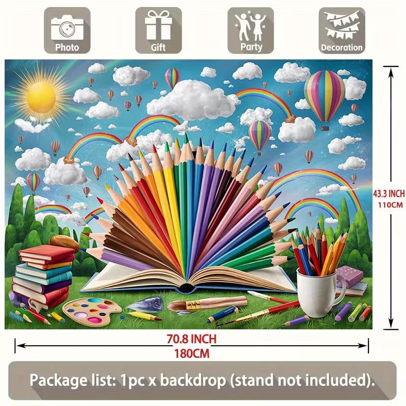 Colorful Pencil & Book Backdrop, Art Classroom Photography Background