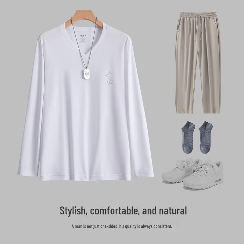 Qipilang Men's 100% Cotton V-Neck Long Sleeve T-Shirt