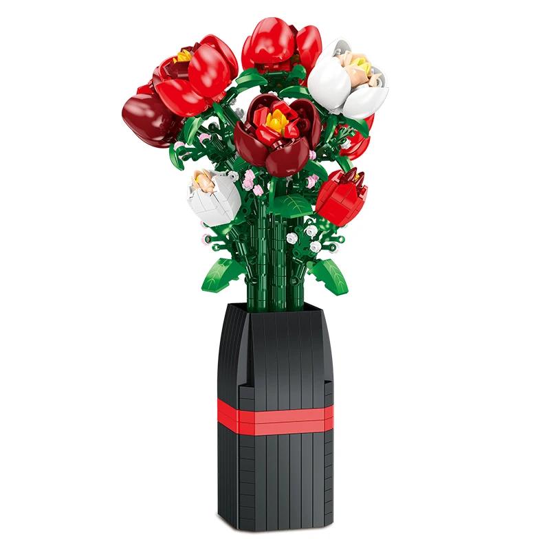DIY Red Rose Building Blocks Bouquet - Romantic Vase Flower Gift for Adults, Valentine's Day Anniversary Home Desk Decor