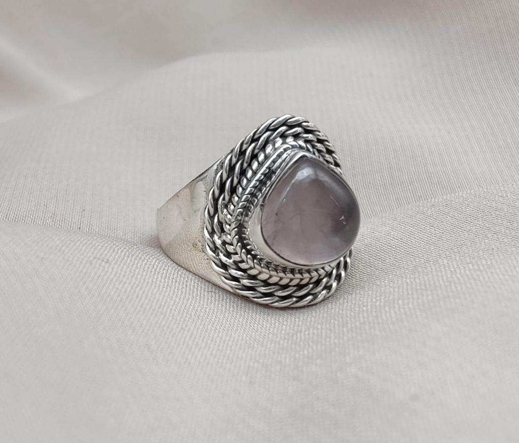 Rose Quartz 925 Sterling Silver Ring: Handmade Boho Cabochon Jewelry