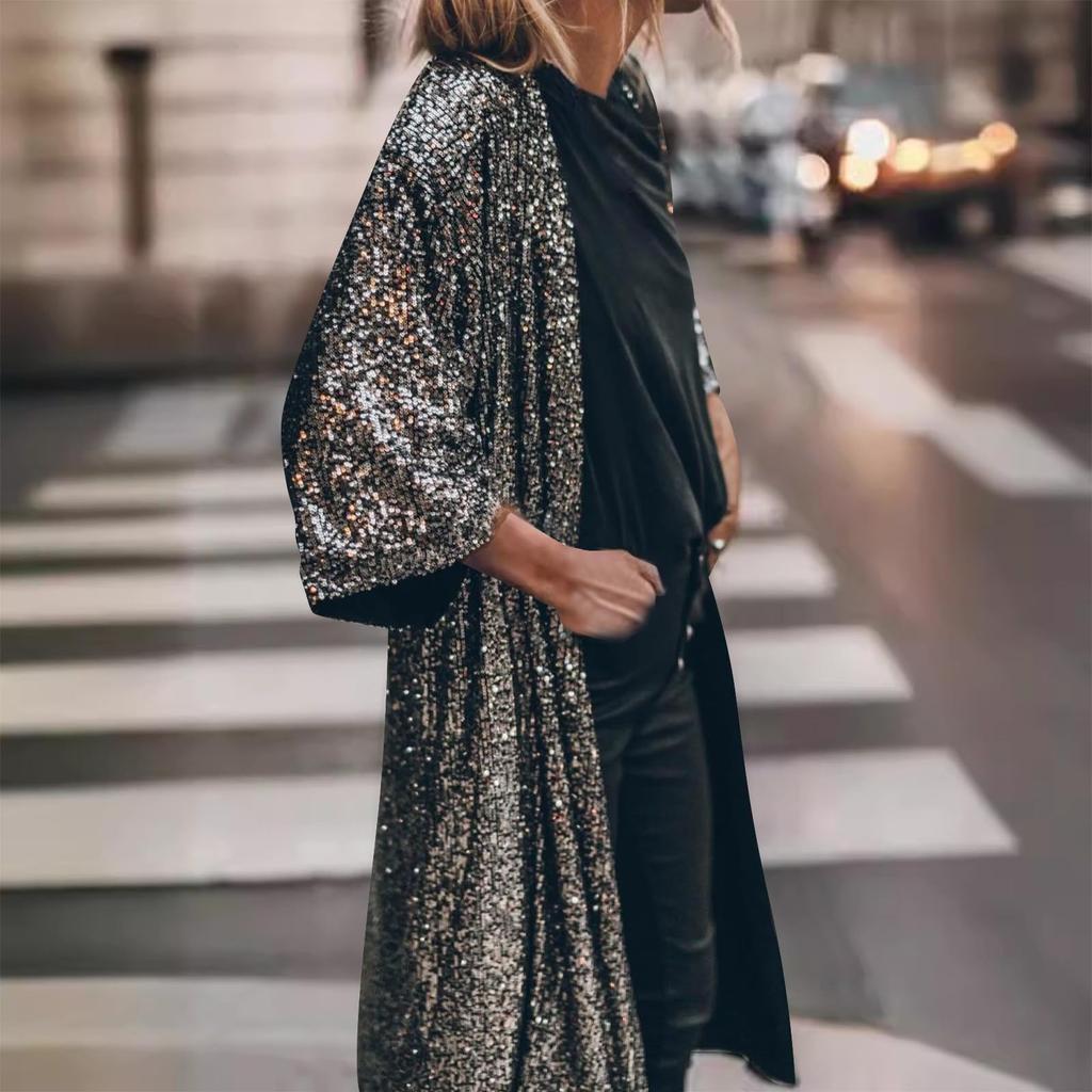 Damen Glitzer Pailletten Lässige Offene Jacke