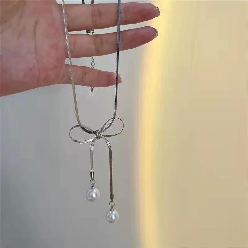 Light Luxury Pearl Necklace Female Niche Design Bow Tassel Clavicle Chain Versatile Premium Gentle Neck Chain