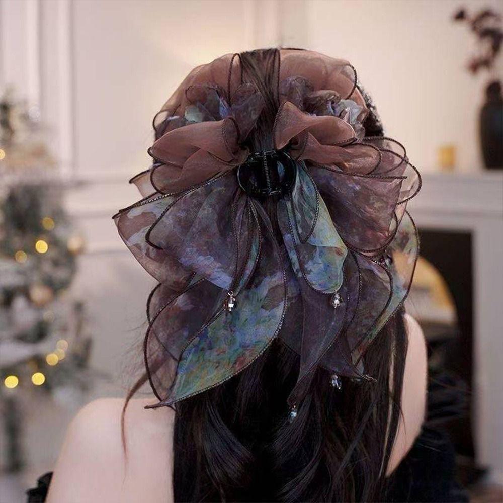 Gifts Retro Organza Flower Hair Clip Luxurious Ribbon Mesh Hair Clip Rhinestones Back of Head Hair Accessory
