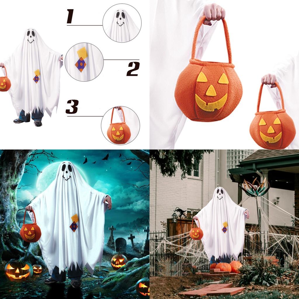 Spooky Halloween Ghost Cosplay Costume With Pumpkin Candy Bag For Kids