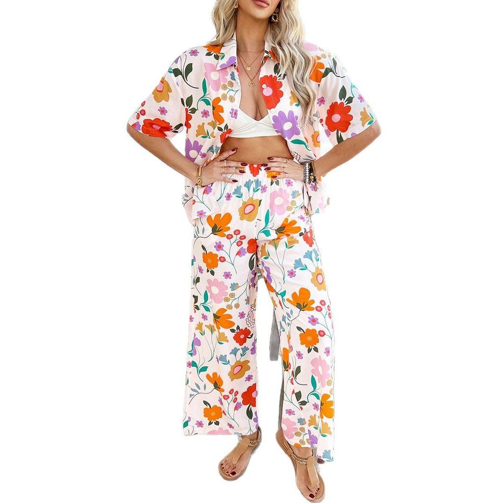 Frühling/Sommer Casual Urlaub Stil Geometrisch Kontrast Strickjacke Kurzarm Weites Bein Hosen Set