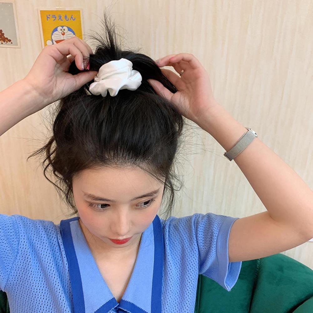 Korean Puff Hair Loop Crystal Satin Hair Scrunchie Fashion Ruffle Headband  for Meatball Head