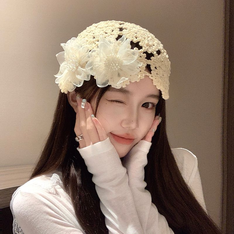 Women's Summer Pearl Flower Lace Hat Handmade Crochet Hollow Versatile Head-Wrapping Slouchy Hat