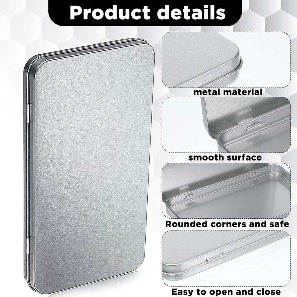 2 Pack Portable Storage Box Containers, Rectangular Metal Tin Boxes, Silver Rectangular T, Metal Tin Box with Hinged for Pen Eraser Craft Photos
