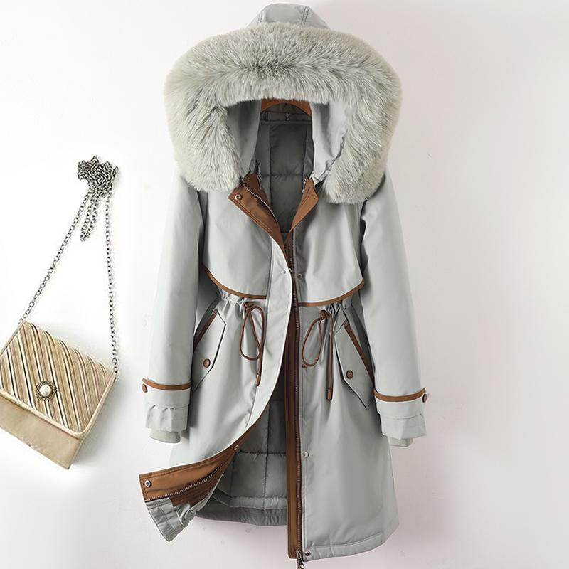 Giacche lunghe con collo in pelliccia sintetica per donna, nuova fodera invernale, cappotto imbottito femminile staccabile, parka invernale stile coreano con cappuccio