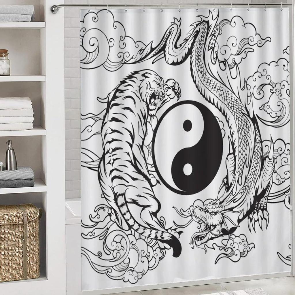 Cool Black and White Dragon and Tiger 4 Pieces Shower Curtain Set,Metaphysical Sky Dragon and Tiger Yin Yang Non-Slip Rugs Toilet Lid Cover Bath Mat